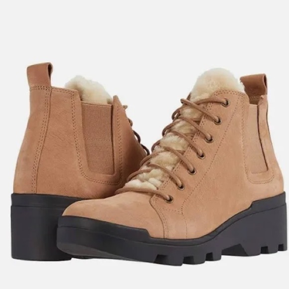 NEW! Eileen Fisher Calm Suede Shearling Hiker Lace Up Platform Boots - Size 8 - Picture 1 of 3